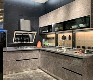 Modern Acrylic Kitchen Cabinet Design with Steel Wine Rack
