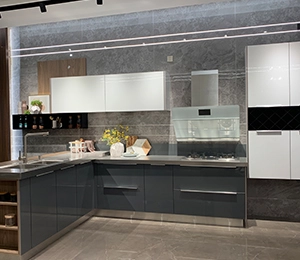 Modern Melamine Kitchen Cabinet Sets Design with Glass Kitchen Cabinet Door